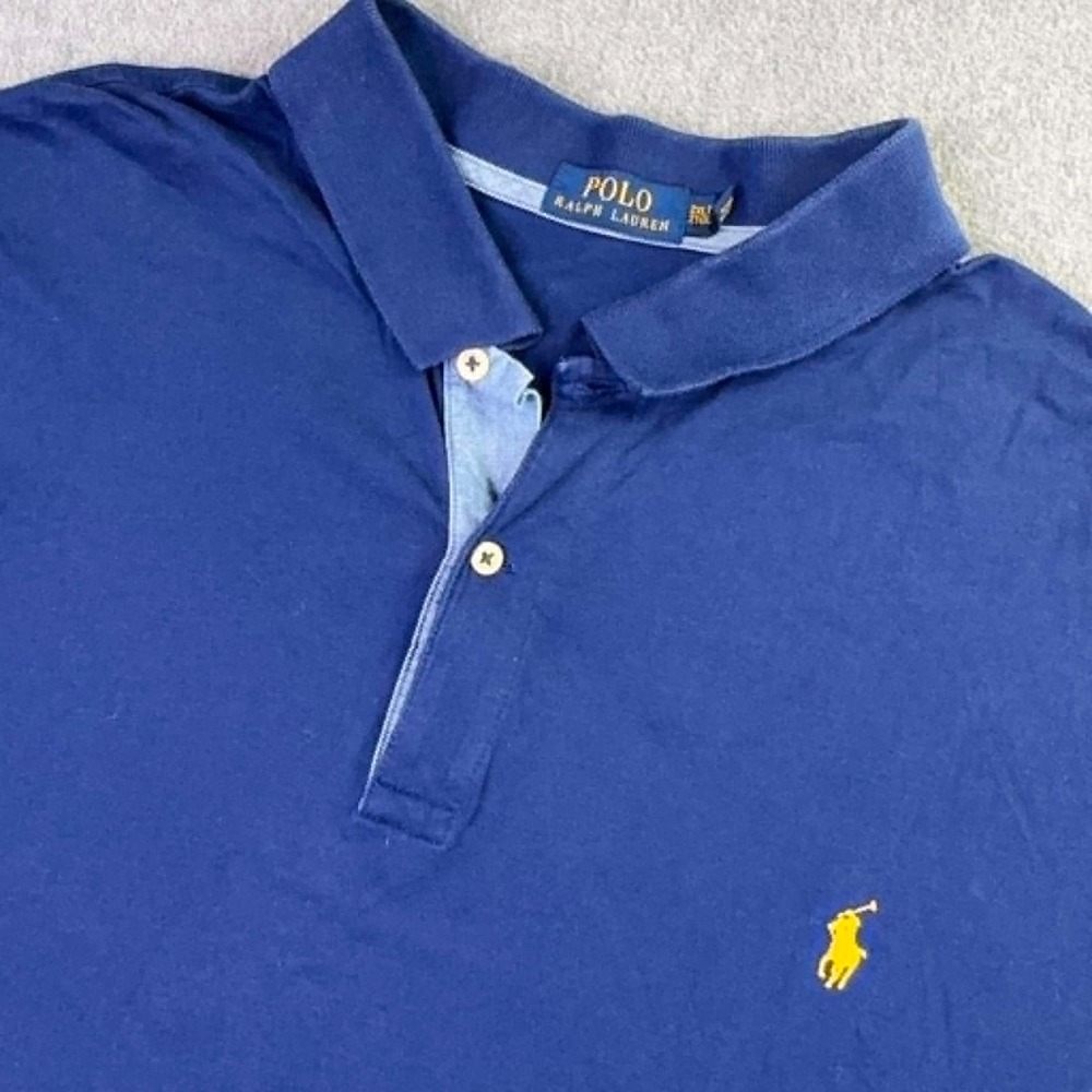 Polo Ralph Lauren Polo‎ Shirt Men's 2XLT Blue Chambray Collar Yellow Pony Preppy